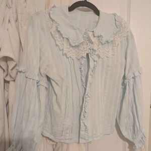 Baby Blue Peter Pan Collar Blouse With Lace And Ruffles Long Sleeves